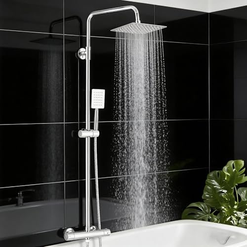 Bathroom Thermostatic Shower Mixer Set Handheld Shower and with Adjustable 8 Overhead Rainfall Shower Head Shower System for Bathroom,Wall Mounted Bar Mixer Shower Chrome Finish