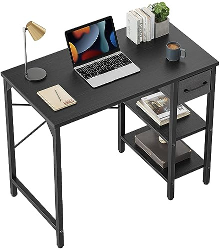 CubiCubi Schreibtisch mit Schubladen und 2 Regale, 90×48×75cm Kleiner Computertisch, Bürotisch, für Arbeitszimmer, Schlafzimmer, Metallgestell, Schwarz