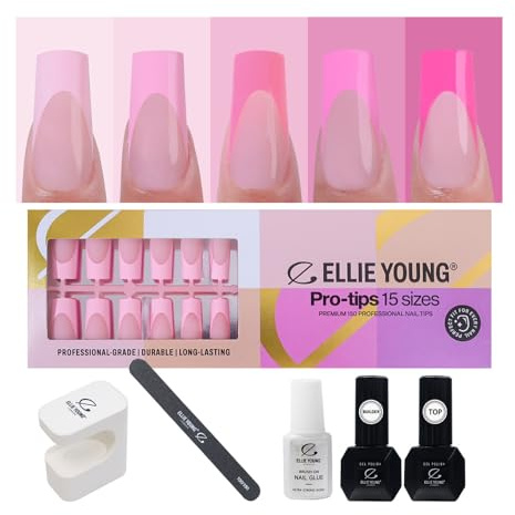 Ellie Young PROTIPS 150pcs Pink Pastel Short Square French Nail Tip Pre-designed 15 Sizes Press-On Nails, Soft Gel Nail Extensions for Easy DIY (Long Square)