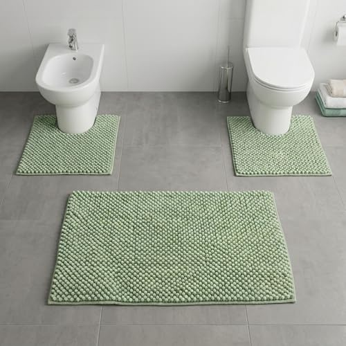 SUSANNA HOME DESIGN Set 3 Tappeti per Bagno Salvia Antiscivolo Super Assorbenti in Ciniglia – Parure Tappetino Doccia o Vasca, Tappeto Bidet, Tappeto WC, OEKO-TEX