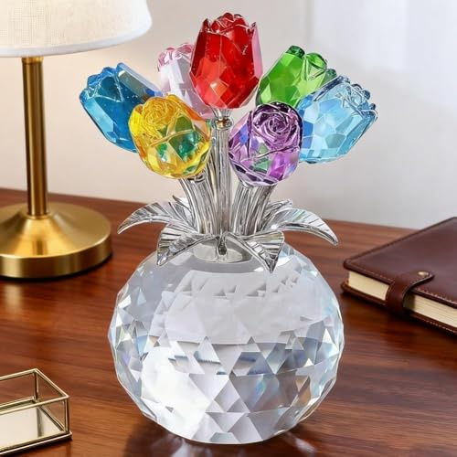Bouquet de roses en cristal avec vase rond, décoration florale en verre pour maison, fête, mariage, cadeaux romantiques pour femme, elle pour la Saint-Valentin, la fête des mères, Noël