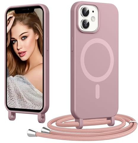 Coiwxmoi pour iPhone 11 avec Cordon, [Compatible avec MagSafe], Rose | Magnétique Coque Ultra Mince Souple TPU Silicone Étui Housse avec Collier Lanyard Lanière en Corde Case Camera Antichoc