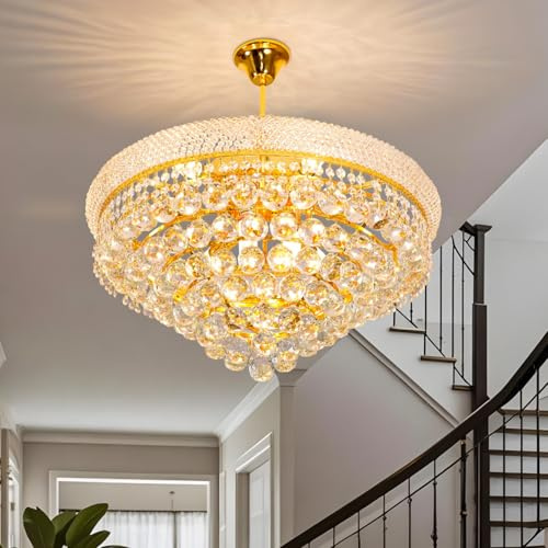 Vrygle Kristall Kronleuchter Gold Vintage Ø60cm: Luxuriöse Pendelleuchte mit 9xE14 Lampen, zur Decken- und Hängeaufhängung, 3 wählbare Farbtemperaturen & höhenverstellbar für Wohnzimmer, Esszimmer