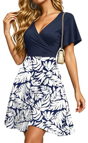 PLMOKEN Summer Dresses Women UK Casual V Neck Wrap Dresses with Pockets
