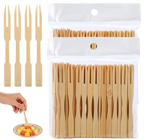 200 pcs Pique Aperitif en Bambou,Fourchette des Frites en Bois,Naturel Vaisselle Couverts Jetables Brochette à Deux Dents Cure Dent,Fourchettes à Cocktail pour Gâteau Salade Nourriture Fête