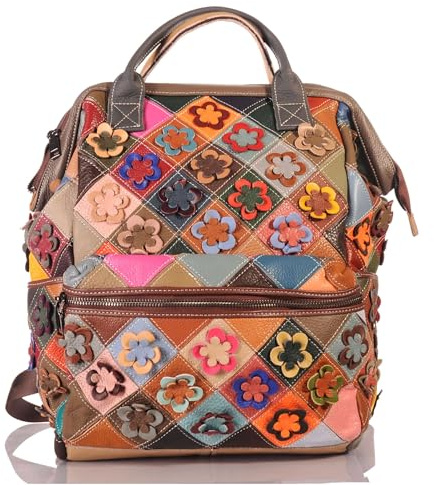 Damen Patchwork Leder Rucksack groß – bunter Cityrucksack mit Blumen-Applikationen, Reißverschluss-Hauptfach, Innenfächer & Reißverschlussfach, verstellbare Schultergurte + Tragegriff, Alltag/Reis