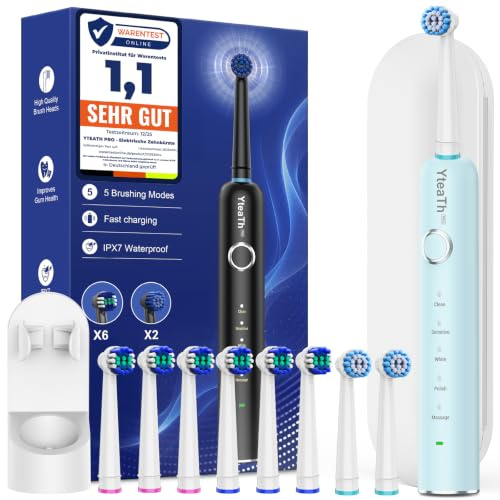 Rotierend Elektrische Zahnbürsten für Erwachsene und Kinder mit 8 Aufsteckbürste, Electric Toothbrush mit Wandhalterung Ladestation, 5 Putzmodi und Reiseetui, 60 Tage Akkulaufzeit (Gold)