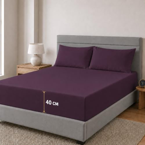 AmigoZone Extra Deep 16 (40cm) Fitted Bed Sheets - Non Iron Percale Quality For Thick MATTRESS - Single, Double, King & Super King (Double, Plum)