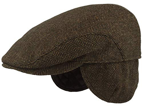 Herren Winter Schiebermütze mit Ohrenklappen Flatcap Schirmmütze 100% Wolle Newsboy ausklappbarer Ohrenschutz Hautfreundlich Bequem Fischgrät Oliv 55