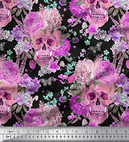 Soimoi Rosa Samt Stoff Insekt, Totenkopf & Blumendruck Nuhen Stoff Bty 58 Cm Breit