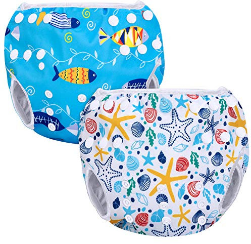 Luxja Pañal de Natación para Bebes Bañador Reutilizable de Nadar de Bebé Pañal Lavable para Bebé (0-3 años), Shell + Pescado Azul