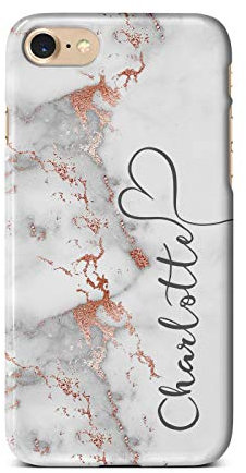 iCaseDesigner Personalised Marble Glitter Flowing Name with Heart Phone Case for Apple iPhone X/XS - 17. Grey Marble with Faux Rose Gold Vertical Name