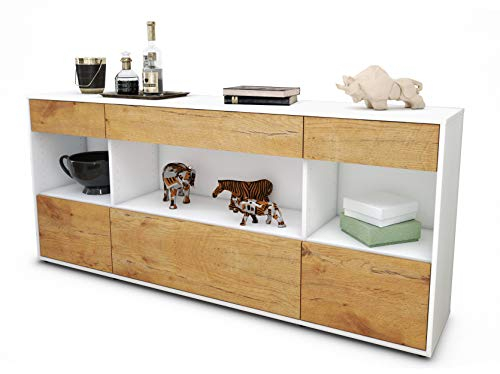 Stil.Zeit Sideboard Fabiana, Korpus Weiss matt, Front Holz-Design Eiche (180x79x35cm) Push-to-Open Technik & Leichtlaufschienen