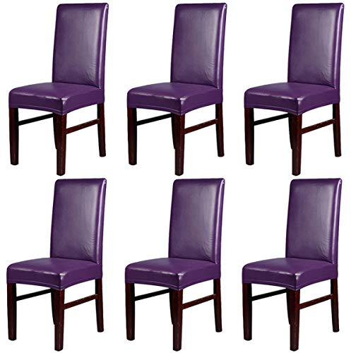 KELUINA Elastic Spandex Solide Pu Leder Stuhlhussen, wasserdicht und ölbeständig Stretch Dining Chair Protector Cover Schonbezug für Kitchen Bar Hotel und Hochzeitszeremonie (Lila,6 pcs)