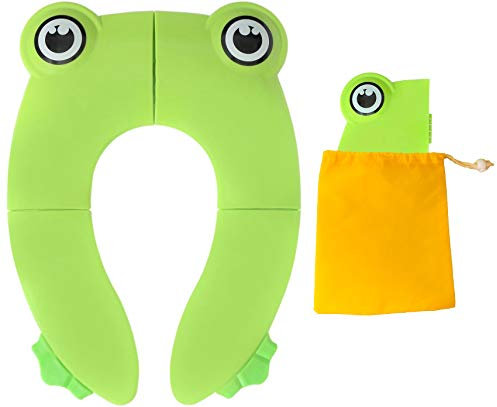 POKANIC Designed Toilet Potty Training Seat Cover, Travel Toilet Seat, Folding Non-Slip Silicone Pads, Trip Portable Reusable Kids Toddlers Boys Girls, Carrying Bag (Green - Frog)