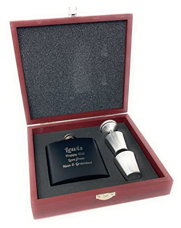Personalised Black 6oz Hip Flask Funnel & 2 Shot Cups Wooden Gift Boxed Set - Engraved with Name and Message of Your Choosing - Wedding Birthday Fathers Day Gift