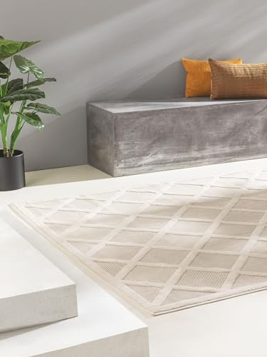 benuta Nest In- & Outdoor Teppich Bonte - Creme 160x230 cm - Strapazierfähig & Pflegeleicht - Für Balkon, Terrasse, Garten - Küchenteppich & Wohnzimmerteppich - Geometrisch, Boho-Style, Hygge Cozy