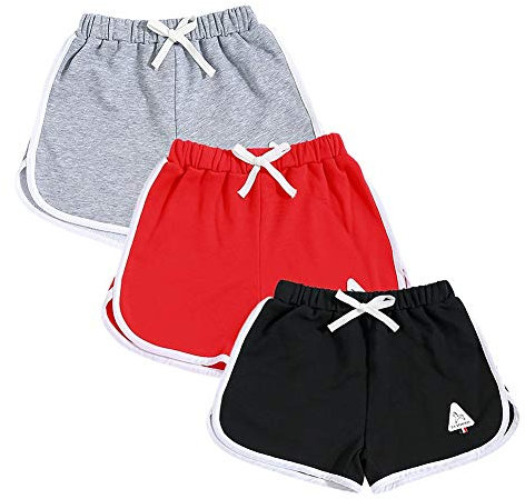 Rolanko Enfant Shorts Fille Sports Coton Danse Short Gymnastique Été D'entraînement Hot Pant pour La Course Lot De 2 (Gris Rouge Noir, Taille:120, 5-6 Ans)