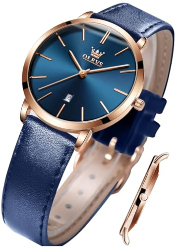 OLEVS Ladies Quartz Watch Minimalist Casual Ultra-Thin Design & Leather Strap & Waterproof & Date Elegant Watch