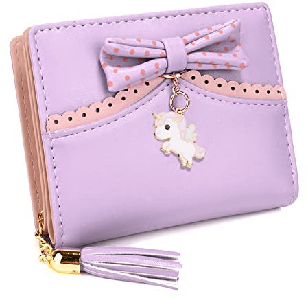 UTO Einhorn Geldbörse Damen Kindergeldbörse für Mädchen Nette Einhorn Bowknot Kartenhalter Süß PU Leder Geldbeutel Portemonnaie Portmonee für Tochter Weihnachten Neujahr Lila