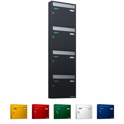 AL Briefkastensysteme Basic 4er Briefkasten RAL 7016 Anthrazit Grau/Einwurfklappe RAL 9006 Weiß Aluminium 4 Fach DIN A4 wetterfest mit Posthaltebügel und 2 Namensschildern