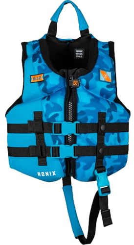 RONIX Boy's Top Grom CGA Life Vest | Durable Soft Comfortable Floaty Swimming Life Jacket for Kids with Plush Inner & Back Supportive Foam, Blue Camo, Child