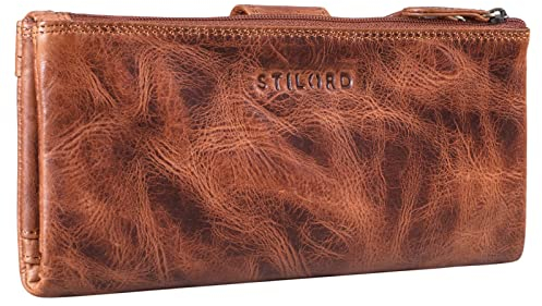 STILORD große Leder Damen-Geldbörse Cognac - Vintage Reise Portemonnaie mit RFID Schutz - Kartenetui für Frauen + Flugticket-Organizer 'Camille'
