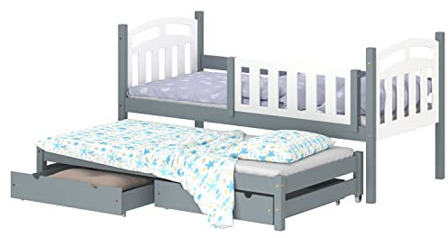 WNM Group Kinderbett Ausziehbar mit Rausfallschutz und Lattenrost Suzie - aus Massivholz - Ausziehbett für Mädchen und Jungen - Bett mit 2 Schubladen - Funktionsbett 180x90/170x90 cm - Grau