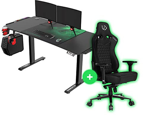 ULTRADESK - Level V2 Höhenverstellbarer Schreibtisch - Elektrischer Computertisch - 140x68 cm, für Gaming, Büro, Homeoffice - Set mit XL-Mauspad, LED RGB, Throne Gaming Stuhl - Grün LED + Throne
