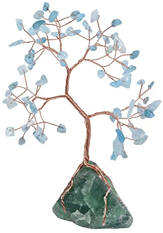 KYEYGWO Aquamarine Heilung Kristall Geldbaum auf Natürlichen Fluorite Rohstein Base, Feng Shui Bonsai Baum Kristallbaum Figuren Stein Ornament Edelsteinbaum Haus Deko für Glück, Reichtum