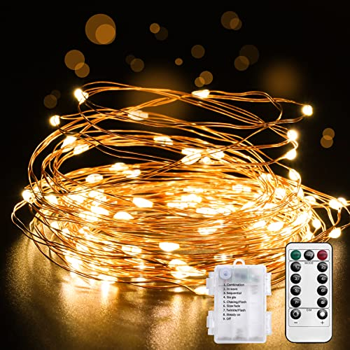 Aogled Lichterkette Batterie - Kupferdraht Lichter 5M Timer IP67 DIY Draht 50LEDs Micro,Innen Außen Weihnachten Zimmer Party Beleuchtung Deko Garten,A-STRING-50LED,Warmweiß,Lichterkette Batterie - 5m