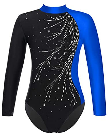 Choomomo Kinder Turnanzug Gymnastikanzug Mädchen Langarm Trikot Leotard Training Gymnastikbody Tanzbekleidung Dancewear Blau 158-164