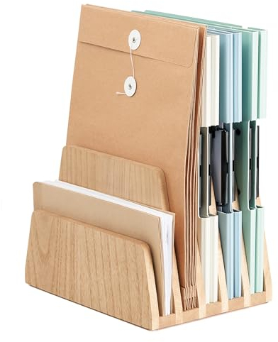 KIRIGEN Bureau en bois Organisateur de courrier 5 slots File Paper Holder Bureau en bois Document Letter Holder Organisateur pour Home Office couleur naturelle