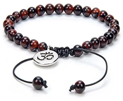 Verstellbares Om-Wunsch-Armband Meditation Mala Gebetskette Yoga Om Schmuck geflochten mit Mala-Perlen aus Naturstein (Rotes Tigerauge (Red Tiger Eye))