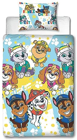 Character World Paw Patrol Offizielles Bettwäsche-Set für Einzelbett, Splodge-Design, wendbar, 2-seitig, inklusive passendem Kissenbezug, Marken Einzelbett-Set