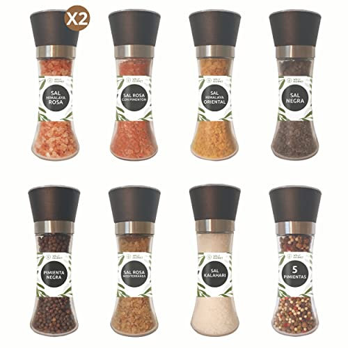 Sal Himalaya Pack Gourmet, Sales Con Especias. Sal Saborizada/Pimientas. Excelente Regalo, 9 Sazonadores/Molinillos De Vidrio Recargables, Con Moledor De Cerámica Regulable.