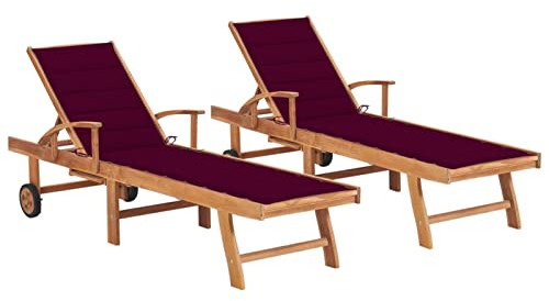 CIADAZ Sonnenliegen 2 STK. mit Weinroten Auflagen, Gartenliege, Strandliege, Relaxliege Garten, Saunaliege, Campingliege, Poolliege, Liege Garten, Massivholz Teak
