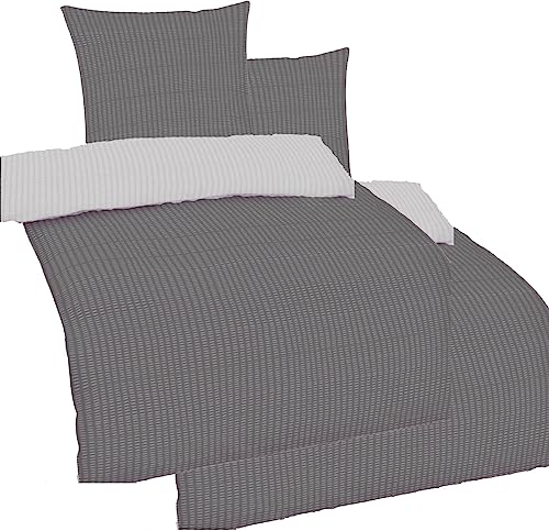 KH-Haushaltshandel 4-TLG. Seersucker Wende Bettwäsche 2X 135x200 + 2X 80x80 cm, Uni einfarbig, grau Silber, Reissverschluß, bügelfrei (60354)