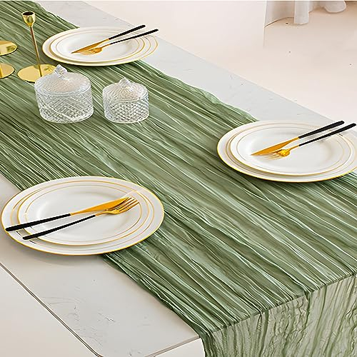 Tischläufer Salbeigrün, 90 x 300cm Seihtuch Tischdecke Grün, Rustikaler Halbtransparenter Table Runner, Musselin Tischband Eukalyptus Grün für Boho, Hochzeit, Babyparty Tischdekoration