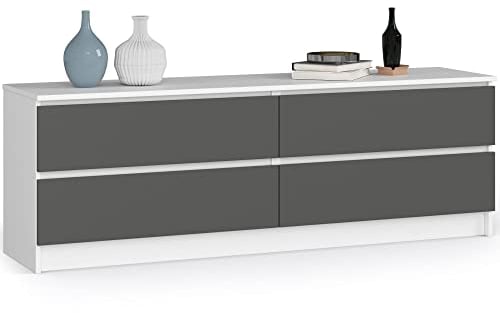 AKORD Kommode K 160 cm | 4 Schubladen | Stehmöbel für Wohnzimmer Schlafzimmer Büro Arbeitszimmer | Edles Design | 16mm Schichtstoffplatte | Farbe Weiß/Graphitgrau