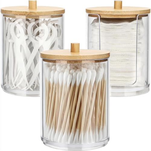 3 Pack Cotton Pad Holder, Cotton Bud Dispenser with Bamboo Lids, Cotton Swab Ball Holder,Cotton Pad Storage,Suitable for Cosmetics, Cotton Balls, Cotton Swabs, and Cotton Pads