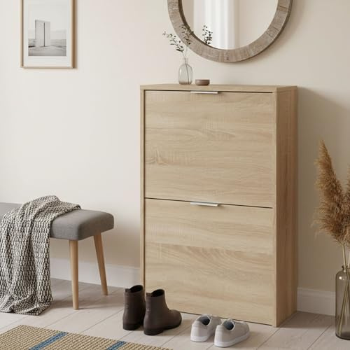 Dmora - Valdosta Schuhregal, Platzsparendes Schuhregal mit 2 Türen, Schuhregal für den Eingangsbereich, Schuhregal für Garderobe, 50x22h76 cm, Eiche