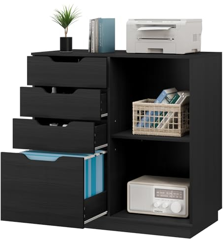 EasyPAG Archivador Lateral de Madera con 4 Cajones Soporte Impresora para Oficina y Hogar Cajonera Escritorio Almacenamiento Papel A4,Negro