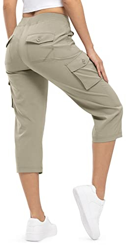 donhobo Damen Outdoor Wanderhose Cargo Capris Pants Leichte Atmungsaktiv Wandershorts Schnell Trocknende Camping Trekkinghose Sommer Freizeithose (Grau Khaki, XL)