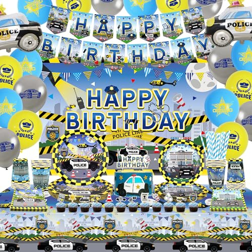 Obussgar Police Birthday Party Decorations - Police Party Supplies including Banner, Backdrop, Cake Toppers, Plates, Cups, Napkins, Balloons, Tablecloth for Birthday Party Baby Shower - Serves 20