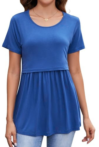 Sosolism Hauts Maternité et Allaitement Mignon Manches Courtes pour l'Été Blouse Décontractée et Amicale pour Femmes Enceintes Bleu Brume, Grand