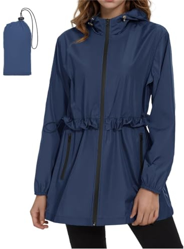 SotRong Veste d'été légère et imperméable à capuche pour femme, manteau de pluie à capuche, veste coupe-vent pour randonnée, course à pied, marche, camping, bleu marine, L