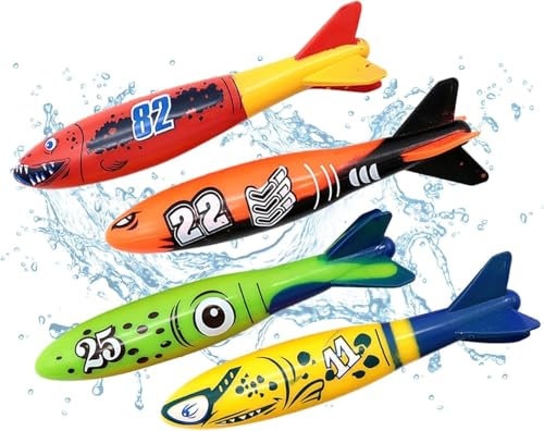 Uadme Tauchspielzeug für Kinder, 4 Stück Unterwasser Torpedo Banditen, Pool Spielzeuge für Kinder Jungen Mädchen Geschenk Sommer Schwimmen Tauchen, Buntes Schwimmspielzeug