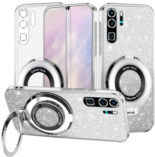 Yarxiawin für Huawei P30 Pro Hülle Silikon Transparent Glitzer Magnetisch Aesthetic, Kompatibel mit Magsafe Handyhülle für Huawei P30 Pro mit Ständer Schutzhülle Cover (Silbrig)