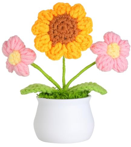 JUSTOYOU künstliche Blume Sonnenblume Häkelblume Blumen Topfpflanze, Mini gestrickter Blumentopf, kleine handgefertigte Häkelblume für Home Office Dekor, Geschenk für ihren Valentinstag (1, rosa)